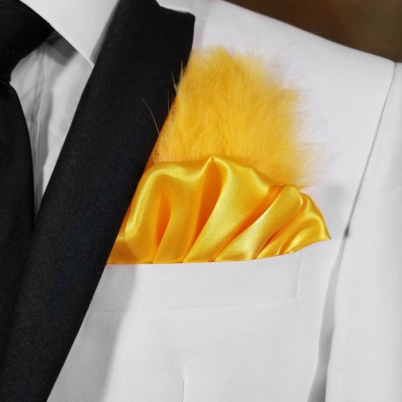 New - Yellow-Gold Satin Ruffle & Feather Pocket Square Insert - Picture 3 of 7